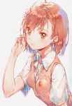  1girl absurdres ahoge blush brown_eyes brown_hair collared_shirt dsmile emblem expressionless fingernails flower hair_flower hair_ornament hand_in_pocket highres misaka_mikoto scan school_uniform shirt short_hair short_sleeves simple_background solo to_aru_kagaku_no_railgun to_aru_majutsu_no_index upper_body white_background white_shirt 