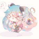  &gt;_&lt; 1girl aqua_hair arms_up asymmetrical_legwear beamed_eighth_notes blush_stickers chibi closed_eyes commentary fuyuzuki_gato gradient_hair hair_ribbon hatsune_miku highres japanese_clothes jumping kimono legs_up long_hair magical_mirai_(vocaloid) multicolored_hair musical_note ribbon single_thighhigh smile speech_bubble spoken_musical_note thigh-highs twintails very_long_hair vocaloid yukata 