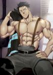  1boy abs absurdres akitaru_oubi bara black_hair chest collarbone en&#039;en_no_shouboutai highres looking_at_viewer male_focus muscle nipples pants pectorals shirtless simple_background solo suyobara thick_thighs thighs upper_body 
