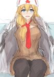  1girl absurdres bangs blonde_hair blue_eyes blush breasts brown_sweater eyebrows_visible_through_hair girls_frontline hair_between_eyes hat highres huge_filesize jacket long_hair looking_at_viewer mosin-nagant_(girls_frontline) muteppona_hito necktie open_clothes open_jacket open_mouth pants papakha red_neckwear sitting solo sweater white_background white_headwear white_jacket 