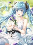  1girl :d absurdres aqua_eyes aqua_hair bangs black_bow black_ribbon blunt_bangs bow collarbone cowboy_shot dress dress_lift eyebrows_visible_through_hair flower hatsune_miku highres holding holding_flower long_hair looking_at_viewer oert129 open_mouth petals ribbon smile solo sundress tearing_up tears tied_hair tongue twintails upper_teeth very_long_hair vocaloid white_dress 