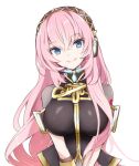  1girl amulet armband black_skirt blue_eyes breasts commentary gold_trim headphones kkr_rkgk large_breasts long_hair looking_at_viewer megurine_luka navel pink_hair see-through_sleeves short_sleeves skirt smile solo standing upper_body very_long_hair vocaloid white_background 