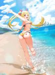  1girl absurdres anklet arm_up armpits ass back bang_dream! bare_legs barefoot beach bikini blonde_hair blue_sky blush clouds day english_commentary feet from_behind hair_ribbon heart highres jewelry kim_hyun-kyung legs long_hair looking_at_viewer looking_back ocean open_mouth outdoors ribbon sand side-tie_bikini sky smile soles solo standing standing_on_one_leg swimsuit thong toes tsurumaki_kokoro twintails very_long_hair water yellow_bikini yellow_eyes 