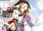  1boy 1girl absurdres anchor blonde_hair blue_sky clouds commentary_request fire_emblem fire_emblem_fates fire_emblem_heroes grey_hair hat highres holding long_hair long_sleeves one_eye_closed open_mouth parted_lips pirate_costume pirate_hat red_eyes short_hair sky sukkirito_(rangusan) upper_body veronica_(fire_emblem) xander_(fire_emblem) 