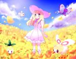  1girl anzu_(01010611) blonde_hair blush braid butterfree clenched_hand closed_mouth clouds commentary_request cutiefly day dress eyelashes field flower flower_field gen_1_pokemon gen_5_pokemon gen_7_pokemon green_eyes hand_on_headwear hat lillie_(pokemon) long_hair outdoors petilil pokemon pokemon_(creature) pokemon_(game) pokemon_sm sky smile socks standing sun_hat sundress twin_braids white_dress white_headwear 