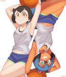  2girls :d absurdres animal_ears armpits arms_up artist_name ball basketball black_bra black_hair black_sports_bra blue_hair blue_shorts blush bra brand_new_animal breasts brown_hair commentary crotch_seam dolphin_shorts dual_persona eyebrows_visible_through_hair green_eyes hair_between_eyes highres holding holding_ball impossible_clothes impossible_hair impossible_shirt kagemori_michiru layered_clothing looking_at_viewer matching_outfit medium_breasts midriff_peek multicolored_hair multiple_girls navel once_11h open_mouth orange_eyes rotational_symmetry shirt short_hair short_shorts shorts simple_background sleeveless smile sports_bra symbol_commentary symmetry tank_top thighs two-tone_hair two-tone_shorts underwear upside-down white_background white_footwear 