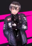  1girl bodysuit bodysuit_under_clothes brown_hair grey_hair highres kilye_4421 latex_bodysuit looking_at_viewer original short_hair skin_tight smile solo v 