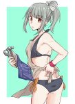  1girl apron bangs bikini black_bikini blueprint brown_apron brown_eyes eyebrows_visible_through_hair grey_hair hair_ribbon hammer holding kantai_collection open_mouth ponytail ribbon rindou_(rindou_annon) simple_background solo swimsuit two-tone_background wrench yuubari_(kantai_collection) 