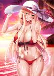  1girl :d bare_shoulders beach bikini blonde_hair blue_oath blush bow breasts day green_eyes halter_top halterneck hands_on_headwear hat hat_bow hat_ribbon highres holding holding_clothes hood_(blue_oath) large_breasts long_hair looking_at_viewer navel o-ring o-ring_bikini ocean open_mouth outdoors red_bikini ribbon scrunchie shiny shiny_skin side-tie_bikini smile solo stomach sun_hat sunset swimsuit wading waves white_headwear wrist_ribbon yuuzuki_hijiri 