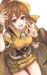  1girl :d bangs bow breasts brown_cape brown_dress brown_eyes brown_hair cape delthea_(fire_emblem) dress fang fire_emblem fire_emblem_echoes:_shadows_of_valentia fuussu_(21-kazin) hair_between_eyes hair_bow long_hair looking_at_viewer open_mouth ponytail shiny shiny_hair short_dress simple_background sleeveless sleeveless_dress small_breasts smile solo w white_background yellow_bow 