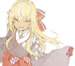  1girl abara_heiki blonde_hair blue_kimono bow breasts brooch commentary dark_skin eyebrows_visible_through_hair gloves hair_between_eyes hair_bow hololive japanese_clothes jewelry kimono long_hair looking_at_viewer medium_breasts multicolored_hair open_mouth orange_eyes pointy_ears red_gloves shiranui_flare simple_background smile solo streaked_hair traditional_media two-tone_hair upper_body virtual_youtuber white_background white_hair wide_sleeves 