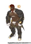  1boy abs alternate_costume bara beard blush bulge chest facial_hair gloves gomtang hephaestus_(tokyo_houkago_summoners) male_focus manly muscle nipples official_art pectorals shirtless shrug_(clothing) solo thick_thighs thighs tokyo_houkago_summoners white_background 