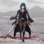  1girl aizumi240326 armor black_shorts blood blood_on_face bloody_hair bloody_weapon blue_eyes blue_hair byleth_(fire_emblem) byleth_eisner_(female) closed_mouth dagger fire_emblem fire_emblem:_three_houses highres holding holding_sword holding_weapon navel_cutout pantyhose sheath sheathed short_shorts shorts solo sword weapon 
