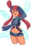  1girl :d bangs blue_eyes blue_gloves blue_shorts breasts crop_top eyebrows_visible_through_hair fuuro_(pokemon) gloves gym_leader hair_between_eyes long_hair looking_at_viewer medium_breasts midriff navel nyonn24 one_side_up open_mouth pokemon pokemon_(game) pokemon_bw redhead short_hair_with_long_locks short_shorts shorts sidelocks smile solo white_background white_feathers 