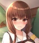  1girl bangs blush brown_eyes brown_hair closed_mouth collarbone commentary_request couch eyebrows_visible_through_hair face hair_over_shoulder hand_on_own_chest hand_up highres iino_miko indoors kaguya-sama_wa_kokurasetai_~tensai-tachi_no_renai_zunousen~ long_hair looking_at_viewer low_twintails nose_blush red_ribbon ribbon school_uniform shiny shiny_hair shirt short_sleeves solo twintails wavy_mouth white_shirt yukiunag1 