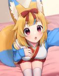  1girl :o animal_ear_fluff animal_ears arm_up bangs bed_sheet blue_hair blue_jacket blurry blurry_background blush bow breasts brown_hair commentary_request depth_of_field eyebrows_visible_through_hair fox_ears fox_girl fox_tail hair_bow highres indie_virtual_youtuber jacket japanese_clothes kimono long_sleeves medium_breasts multicolored_hair open_clothes open_jacket parted_lips pleated_skirt reaching_out red_bow red_eyes red_skirt sakura_chiyo_(konachi000) self_shot short_eyebrows signature sitting skirt sleeveless sleeveless_kimono solo streaked_hair tail thick_eyebrows thigh-highs upper_teeth virtual_youtuber white_kimono white_legwear yamano_kayo 