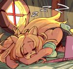  1girl ahoge animal_ears ass blonde_hair breasts butt_crack closed_eyes coco_bandicoot computer crash_bandicoot fang fur furry indoors laptop long_hair medium_breasts messy_hair on_bed shorts sleeping socks solo tank_top wamudraws zzz 