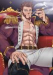  1boy abs absurdres armpits bara beard belt blue_eyes brown_hair bulge chest cigar epaulettes facial_hair fate/grand_order fate_(series) fringe_trim goatee highres jacket long_sleeves looking_at_viewer male_focus military military_uniform muscle napoleon_bonaparte_(fate/grand_order) nipples open_clothes open_jacket pants pectorals scar sideburns sitting smoking solo suyobara thick_thighs thighs throne tight unbuttoned uniform upper_body white_pants 