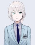  1girl alternate_costume an-94_(girls_frontline) aqua_eyes bangs blue_eyes blue_jacket blue_neckwear blue_suit collared_shirt commentary_request eyebrows_visible_through_hair girls_frontline grey_background grey_shirt id_card jacket kmaria1409 looking_at_viewer necktie parted_lips shirt silver_hair tied_hair 
