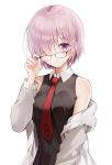  1girl bare_shoulders black-framed_eyewear black_dress breasts dress fate/grand_order fate_(series) glasses grey_jacket hair_over_one_eye hand_on_eyewear hand_up highres jacket lavender_hair long_sleeves mash_kyrielight medium_breasts necktie off_shoulder open_clothes open_jacket parted_lips short_hair simple_background sleeveless sleeveless_dress solo upper_body violet_eyes weri white_background wing_collar 