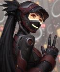  1girl absurdres bangs black_feathers black_hair blunt_bangs blurry blurry_background breasts feather_hair_ornament guweiz helmet highres long_hair looking_to_the_side original pilot_suit ponytail red_eyes science_fiction smile solo upper_body visor_(armor) w 