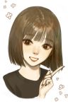  1girl :d black_eyes black_nails black_shirt bob_cut brown_hair fingernails hand_up highres index_finger_raised lipstick looking_at_viewer makeup open_mouth original oyabuli portrait red_lipstick shirt short_hair simple_background smile white_background 