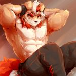  abs absurdres animal_ears arknights bangs bara chest furry highres horns hung_(arknights) multicolored_hair orange_eyes orange_hair pants pectorals shirtless single_horn streaked_hair tail track_pants training waddy white_hair wolf_ears wolf_tail 