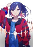  1girl bangs blue_eyes blue_hair blue_shirt character_request copyright_request earrings floating_hair highres i7 jacket jewelry looking_down shirt short_hair solo 