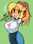  1girl adjusting_hair arms_up breasts coco_bandicoot commentary covered_nipples crash_bandicoot denim english_commentary english_text furry green_background jeans looking_at_viewer medium_breasts pants ponytail print_shirt revision shirt solo t-shirt taut_clothes taut_shirt wamudraws 
