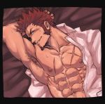  1boy abs armpit_hair bara beard blue_eyes blush brown_hair chest chun_(luxtan) facial_hair fate/grand_order fate_(series) goatee male_focus muscle napoleon_bonaparte_(fate/grand_order) on_bed pectorals scar sideburns smile solo sweat unbuttoned undressing 