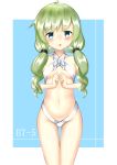  1girl ass_visible_through_thighs bikini blue_background blue_eyes blush breasts c-clock commentary_request green_hair groin hands_together highres long_hair low_twintails navel open_mouth original simple_background small_breasts solo swimsuit thigh_gap thighs twintails white_bikini 