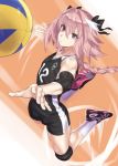  1boy astolfo_(fate) braid elbow_pads fate/apocrypha fate/grand_order fate_(series) gym_shirt gym_shorts gym_uniform hair_intakes highres jumping knee_pads long_braid long_hair mizuumi_(bb) multicolored_hair otoko_no_ko pink_hair shirt shorts single_braid sport sportswear streaked_hair violet_eyes volleyball volleyball_uniform white_hair 