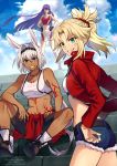  3girls animal_ears artist_name bangs bare_shoulders blonde_hair blue_eyes blunt_bangs blunt_ends breasts caenis_(fate) clouds collarbone commentary_request cowboy_shot dark_skin day denim denim_shorts eyebrows_visible_through_hair fate/grand_order fate_(series) full_body green_eyes hair_between_eyes highres jewelry long_hair long_sleeves looking_at_viewer medium_breasts meiji_ken midriff mordred_(fate) mordred_(fate)_(all) multiple_girls navel necklace outdoors ponytail saint_martha short_hair shorts sitting sitting_on_stairs sky sleeveless small_breasts stairs stomach tattoo teeth twitter_username very_long_hair watermark white_hair 
