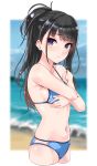  1girl absurdres beach bikini black_hair blue_bikini blurry blurry_background blush covering covering_breasts frown highres idolmaster idolmaster_shiny_colors kazano_hiori long_hair looking_at_viewer mole mole_under_mouth murabito_c navel ocean ponytail solo swimsuit violet_eyes 