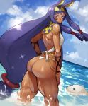 1girl absurdres animal_ears ass back bangs bare_shoulders beach breasts dark_skin earrings egyptian egyptian_clothes facepaint facial_mark fate/grand_order fate_(series) highres hoop_earrings jackal_ears jewelry long_hair looking_at_viewer low-tied_long_hair medjed nitocris_(fate/grand_order) ocean purple_hair sidelocks thighs toned usekh_collar very_long_hair violet_eyes wading wet yoshio_(55level)