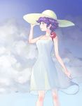  1girl adjusting_clothes adjusting_hat alternate_costume blush breasts clouds cloudy_sky collarbone curly_hair curvy dress eyeball hat knees komeiji_satori long_legs looking_afar medium_breasts open_mouth purple_hair red_eyes see-through short_hair sky sun_hat sundress sunyup tareme third_eye touhou violet_eyes wide_hips 