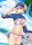  1girl ahoge artoria_pendragon_(all) baseball_cap bikini blonde_hair blue_headwear blue_jacket blue_sky breasts clouds cowboy_shot cropped_jacket cross_(crossryou) day fate/grand_order fate_(series) green_eyes hair_between_eyes hair_through_headwear hat highres horizon jacket large_breasts looking_at_viewer mysterious_heroine_xx_(foreigner) ocean outdoors palm_tree ponytail shrug_(clothing) side-tie_bikini sky solo swimsuit thigh_strap tree twinmyniad white_bikini wristband zipper_pull_tab 