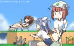  3girls ? bikini bikini_bottom bikini_under_clothes blue_hair blue_sky blue_swimsuit bottle brown_eyes cactus chair clouds commentary_request crossover dated day detonator doubutsu_no_mori fang hair_ribbon hamu_koutarou haniwa_(statue) hardhat helmet highres i-19_(kantai_collection) kantai_collection long_hair lounge_chair lying multiple_girls open_mouth outdoors plunger red_sarong redhead ribbon sarong school_swimsuit shirt short_hair shovel side-tie_bikini skin_fang sky smile sunglasses swimsuit swimsuit_under_clothes t-shirt tied_shirt torpedo tri_tails water waterfall white_bikini white_shirt yamato_(kantai_collection) z3_max_schultz_(kantai_collection) 