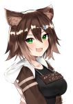  1girl :3 :d animal_ear_fluff animal_ears blush breasts brown_hair cat_ears commentary_request fang fish_hair_ornament fumino_tamaki green_eyes hair_between_eyes hair_ornament hood hood_down hoodie large_breasts looking_at_viewer nemun_(tamizzz) nijisanji open_mouth short_hair simple_background smile solo translation_request upper_body virtual_youtuber white_background 