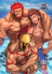  3boys abs bara beard blue_eyes breast_tattoo brown_hair chest commentary_request dai-xt facial_hair fate/grand_order fate_(series) flexing hand_on_hip helmet highres iskandar_(fate) ivan_the_terrible_(fate/grand_order) leonidas_(fate/grand_order) looking_at_viewer male_focus manly multiple_boys muscle napoleon_bonaparte_(fate/grand_order) no_nipples ocean one_eye_closed pants pectorals pose scar shorts smile swimsuit tattoo 
