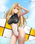  1girl armpits arms_up artist_name bare_arms bare_shoulders blonde_hair blue_sky blush breasts brown_eyes closed_mouth collarbone competition_swimsuit contrapposto cowboy_shot dakkalot day earrings gem mythra_(xenoblade) holding jewelry large_breasts long_hair looking_at_viewer neon_trim one-piece_swimsuit outdoors salute sky smile solo surfboard swimsuit tiara two-tone_swimsuit very_long_hair xenoblade_(series) xenoblade_2 