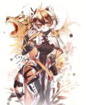  1girl absurdres animal_ears arknights artist_name boots dated dress elbow_gloves feet_out_of_frame furry gloves hand_up highres long_dress nga_(artist) orange_eyes short_hair solo standing tail thigh-highs thigh_boots tiger_ears tiger_girl tiger_tail waai_fu_(arknights) white_background 