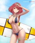  1girl armpits arms_up artist_name bangs bare_arms bare_shoulders bikini black_bikini blue_sky blush breasts closed_mouth collarbone contrapposto cowboy_shot dakkalot day earrings gem holding pyra_(xenoblade) jewelry large_breasts looking_at_viewer navel outdoors red_eyes redhead salute short_hair sky smile solo stomach surfboard swept_bangs swimsuit thighs tiara xenoblade_(series) xenoblade_2 