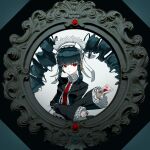  1girl bangs black_background black_hair blunt_bangs bonnet card celestia_ludenberg center_frills commentary_request dangan_ronpa:_trigger_happy_havoc dangan_ronpa_(series) drill_hair eyebrows_visible_through_hair framed frills gothic_lolita grey_background hairband highres lolita_fashion lolita_hairband long_hair long_sleeves looking_at_viewer necktie parted_lips playing_card red_eyes red_neckwear shiny shiny_hair solo twin_drills twintails yomu_(dangan_yomu) 