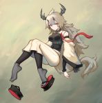  1girl absurdres arknights ass bangs bingbingzi black_legwear breasts eyeliner grey_legwear highres horns long_hair looking_at_viewer makeup matoimaru_(arknights) oni_horns red_eyes sandals solo tabi 