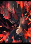  1boy abs beard blue_eyes blurry bodysuit boku_no_hero_academia chest facial_hair fighting_stance fire highres kome_suke male_focus manly muscle mustache redhead spiky_hair thick_thighs thighs todoroki_enji upper_body 