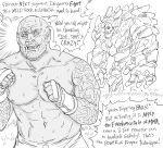  1boy arm_tattoo bb_(baalbuddy) clenched_hands commentary elemental_(creature) english_commentary english_text greyscale highres joe_rogan male_focus martial_arts mma_gloves monochrome monster muscle navel orc original parody real_life sweat tattoo tusks wide-eyed 