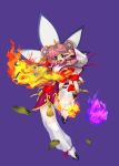  1girl bell brown_eyes detached_sleeves double_bun fire flower giant_fan hair_ornament happy knee_up leaves looking_at_viewer mini_fighter official_art open_mouth peace_sign pink_dress pink_hair purple_background purple_fire thigh-highs tian_(mini_fighter) 