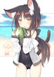  1girl animal_ear_fluff animal_ears bangs bare_shoulders black_bow black_choker black_hair black_swimsuit blush bow brown_eyes brown_hair cat_ears cat_girl cat_tail choker commentary_request covered_navel daidai_ookami day eyebrows_visible_through_hair food fruit hair_bow highres holding holding_food jacket long_hair long_sleeves low_ponytail multicolored_hair off_shoulder old_school_swimsuit one-piece_swimsuit open_clothes open_jacket open_mouth original ponytail school_swimsuit sleeves_past_wrists solo streaked_hair swimsuit tail tail_raised very_long_hair watermelon white_jacket 