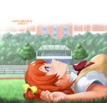  1girl arm_up blue_eyes from_side highres jyon kousaka_honoka love_live! love_live!_school_idol_project lying medium_hair on_grass one_side_up orange_hair otonokizaka_school_uniform red_neckwear school_uniform short_sleeves smile solo sweater_vest 